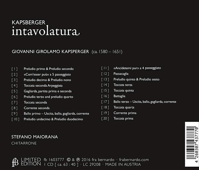 【CD】ステファーノ・マイオラーナ(テオルボ)〈カプスペルガー:インタヴォラトゥーラ〜テオルボのための作品集〉
