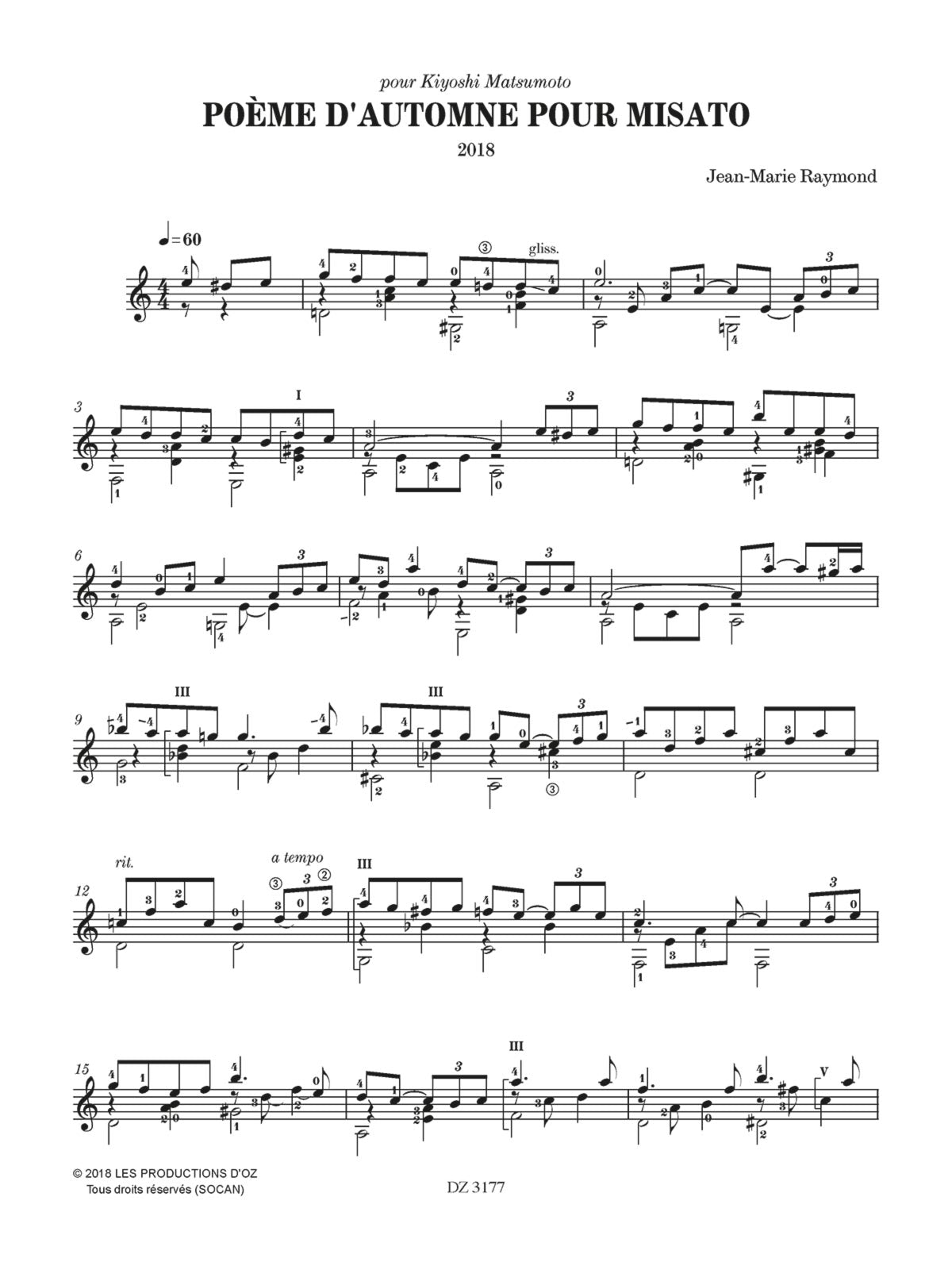 【楽譜】レーモン:Poeme d'automne pour Misato