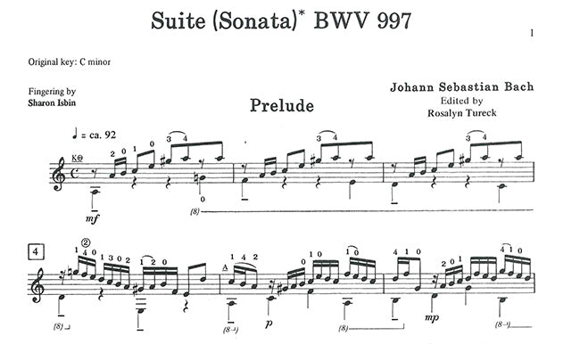 【楽譜】バッハ：リュート組曲第2番BWV997［テューレック編曲イズビン運指］
