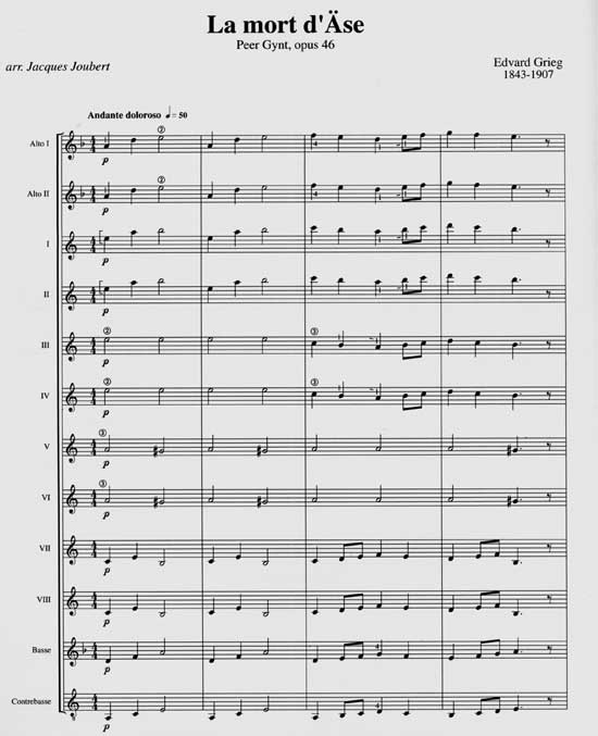 【楽譜】グリーグ：オーゼの死（2アルトG&8G&Bs&Cb）［ジョベール編曲］