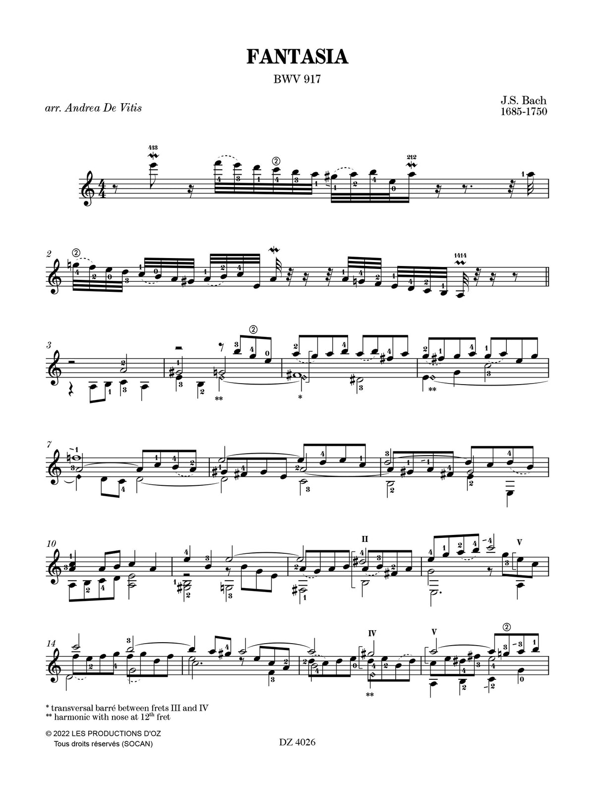 【楽譜】J.S.バッハ：幻想曲 BWV.917［デ・ヴィティス編］